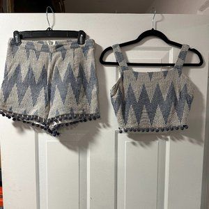 Saylor Womens Crop Top & Shorts Set Pompom Sleeveless Boho Zig Zag Blue Medium